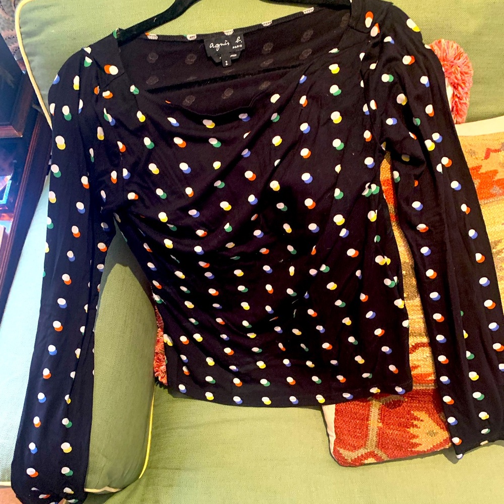 Agnes b black top with colorful dots, very chic fits well with stretch